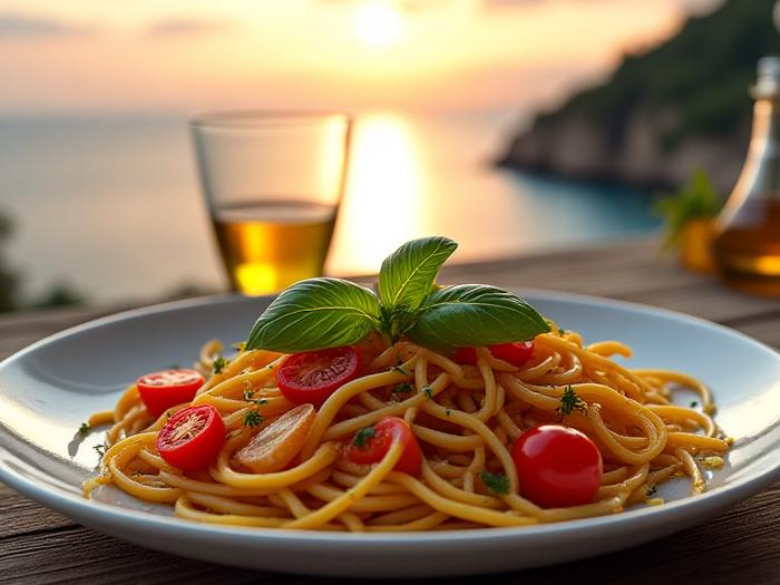 Un piatto colorato e fresco di pasta con pomodorini, basilico e pesce, un bicchiere di vino bianco e olio d'oliva in primo piano, con uno sfondo sfocato di un paesaggio costiero ligure al tramonto.