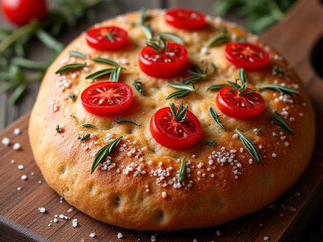 Focaccia integrale fatta in casa con pomodorini e rosmarino su un tagliere di legno, calda e fragrante.