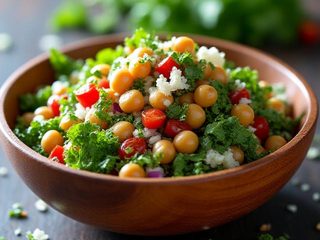 Insalata fresca e colorata di ceci, verdure miste croccanti, feta e erbe aromatiche, in una ciotola di legno.