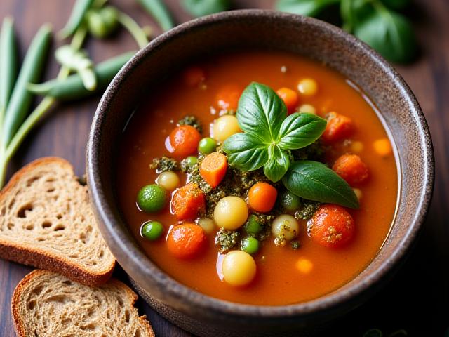 Minestrone di verdure fresche e colorate in una ciotola rustica, con pane integrale e un filo di olio d'oliva.