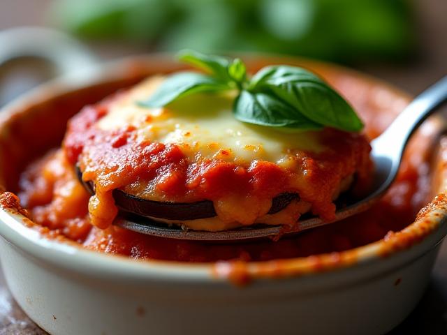 Parmigiana di melanzane leggera, stratificata con salsa di pomodoro, mozzarella e basilico fresco, in una pirofila di ceramica.