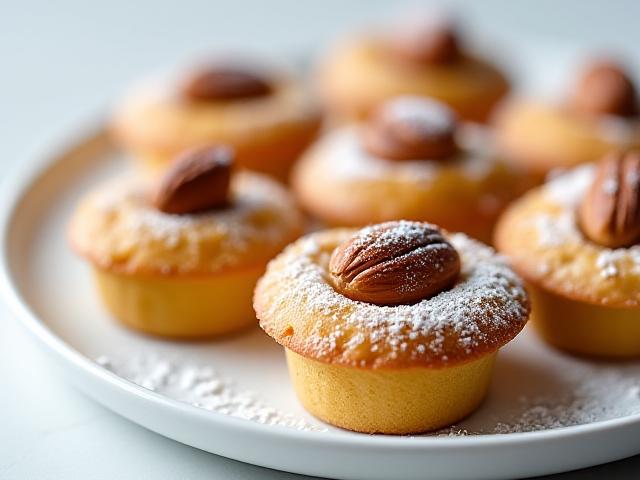 Piccoli pasticcini di mandorla decorati con zucchero a velo e una mandorla intera, su un piatto da dessert.
