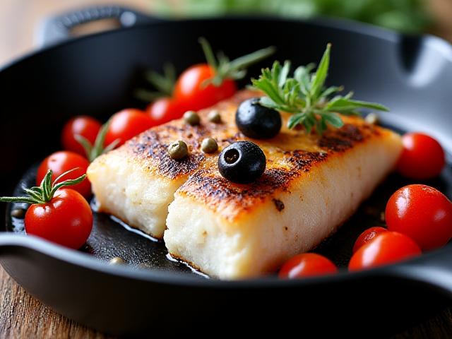 Trancio di pesce spada alla griglia con contorno di capperi, olive taggiasche e pomodorini in una padella di ferro.