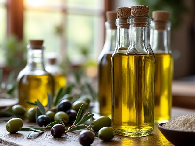 Bottiglie di olio d'oliva e olive fresche