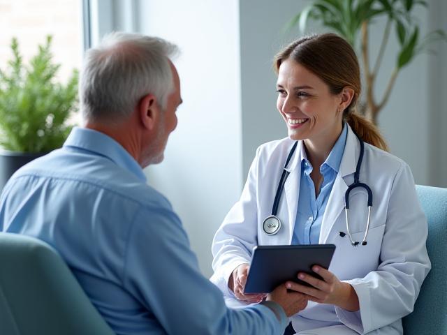 Medico interagisce con paziente anziano in un ambiente amichevole