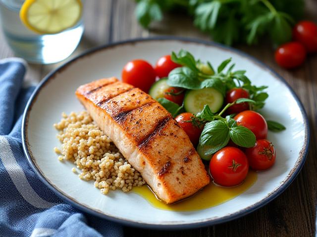 Piatto colorato di verdure fresche e pesce, in stile mediterraneo
