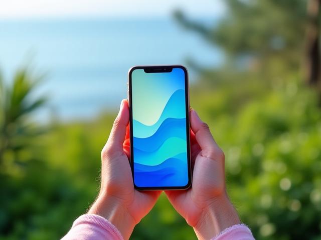 Mani che tengono uno smartphone con un'app di meditazione aperta, sfondo sfocato di natura