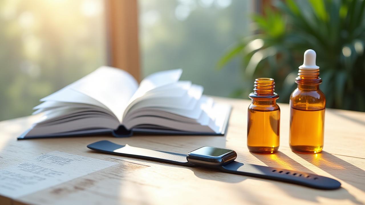 Composizione di prodotti benessere: un elegante smartwatch, un libro ispirazionale e flaconi di integratori.