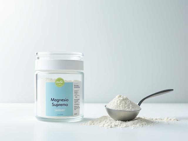 Flacone di integratore di Magnesio Supremo in polvere, con un cucchiaio dosatore.