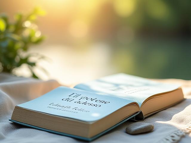 Copertina del libro 'Il potere di adesso' di Eckhart Tolle, con sfondo naturale sfocato.