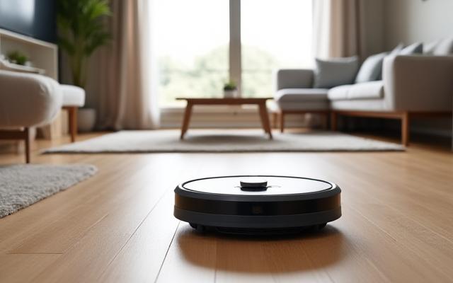 Robot aspirapolvere intelligente in funzione su un moderno pavimento in legno, con luce naturale.