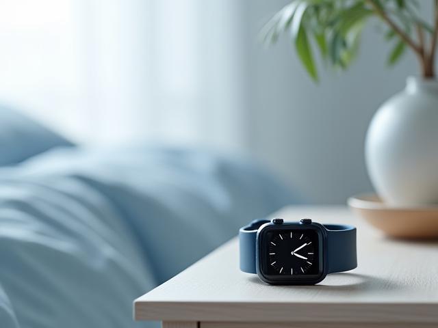 Smartwatch elegante su un comodino con un letto sfocato sullo sfondo.