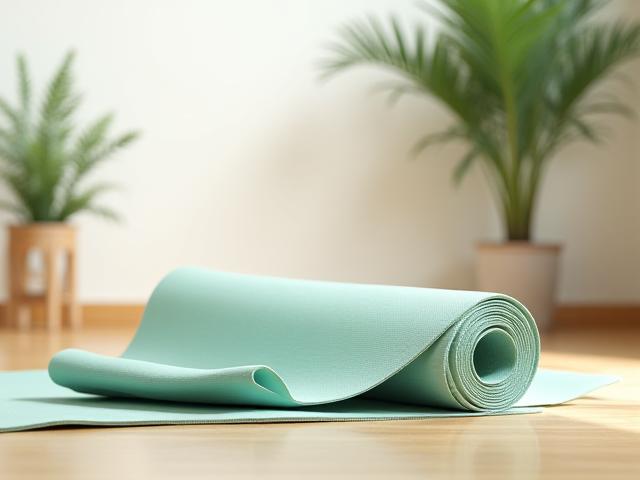 Tappetino da yoga di colore verde menta, arrotolato su un pavimento di legno chiaro, con una pianta sfocata sullo sfondo.