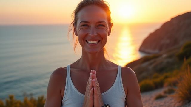 Donna sorridente che pratica yoga all'alba in Liguria, serenità