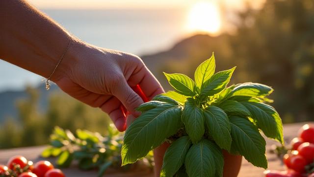 Persona anziana in un orto ligure, mani che accarezzano piante di basilico
