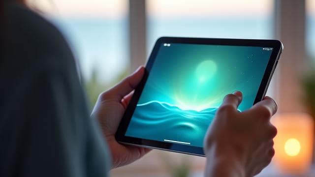 Schermo tablet con app di meditazione, mani che tengono il dispositivo
