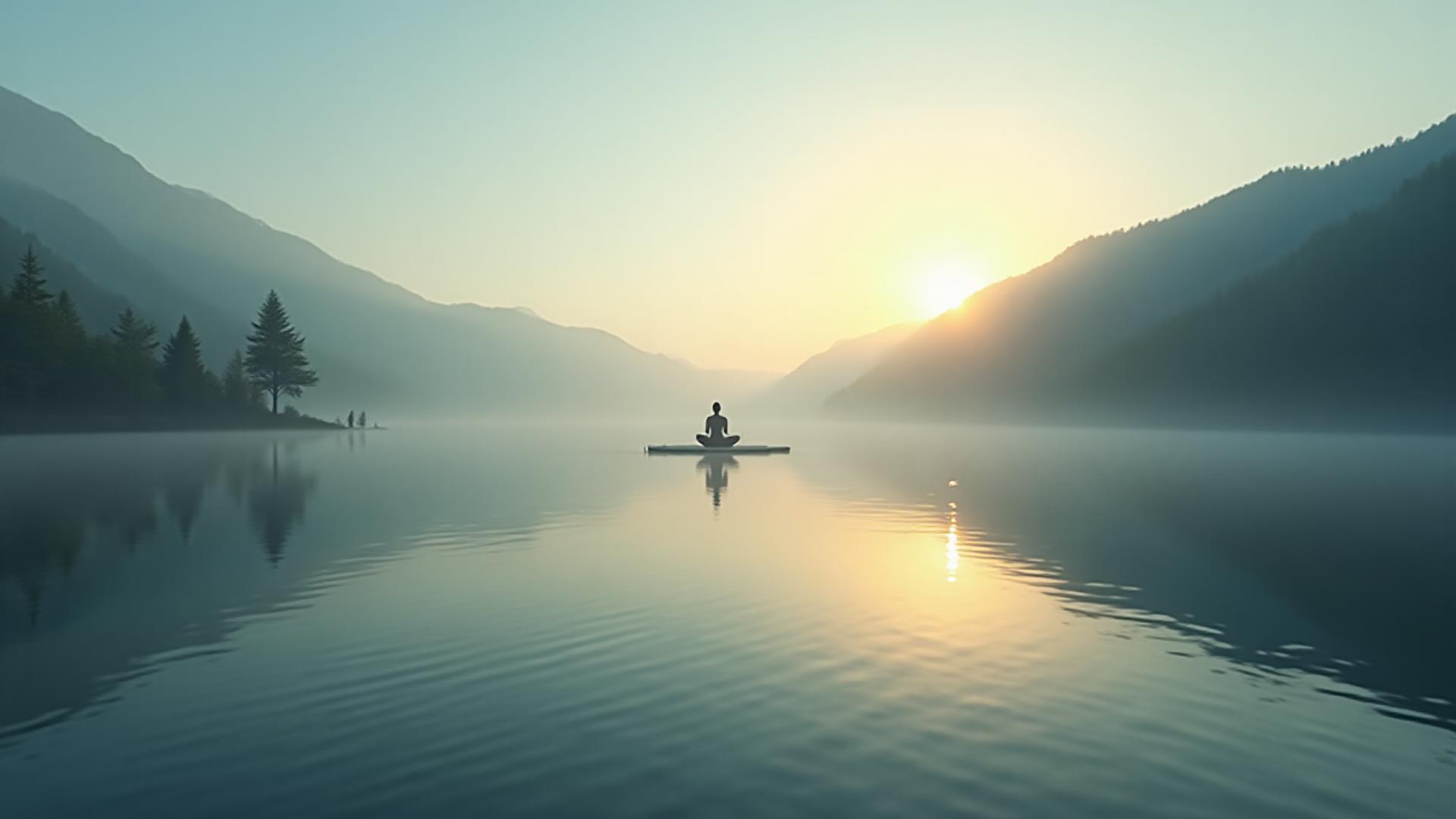 Lago calmo all'alba con nebbia leggera e una persona che medita