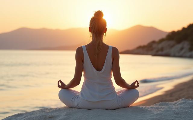 Donna serena che medita all'alba, con vista mare