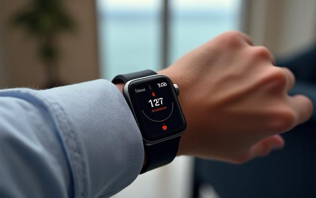 Persona anziana che controlla i dati del battito cardiaco su uno smartwatch