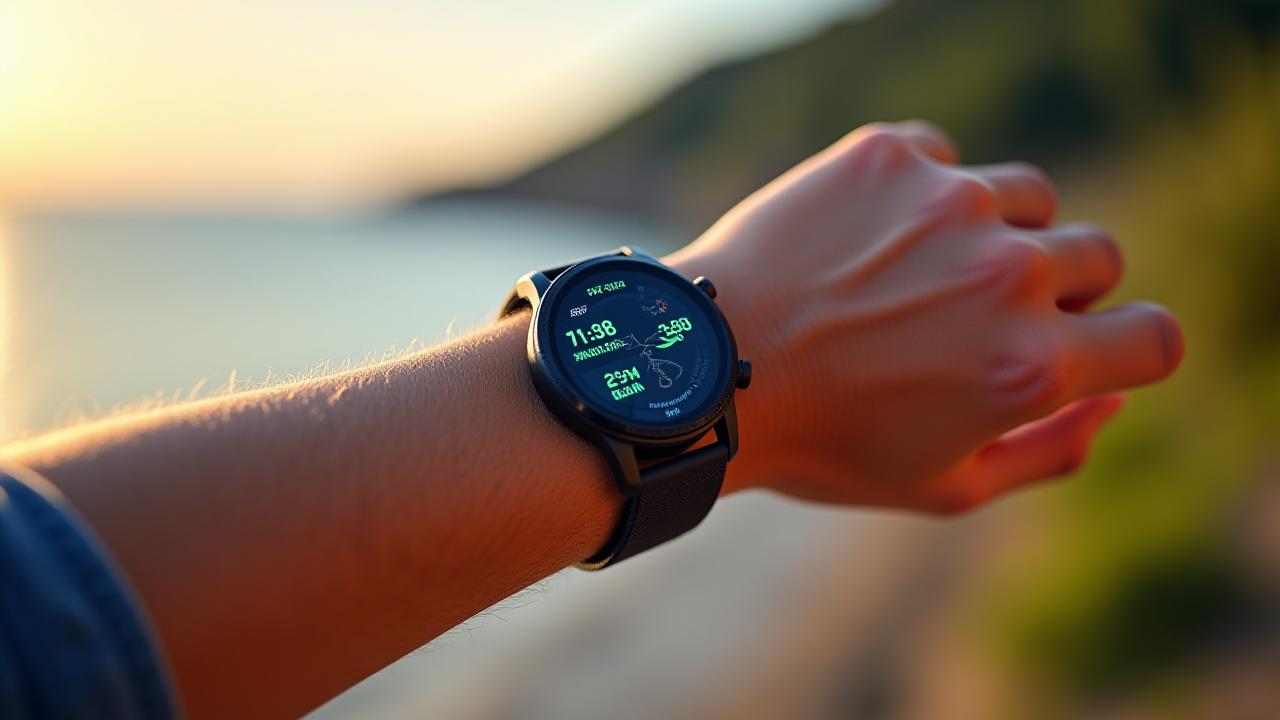 Primo piano di uno smartwatch luminoso al polso di una persona attiva